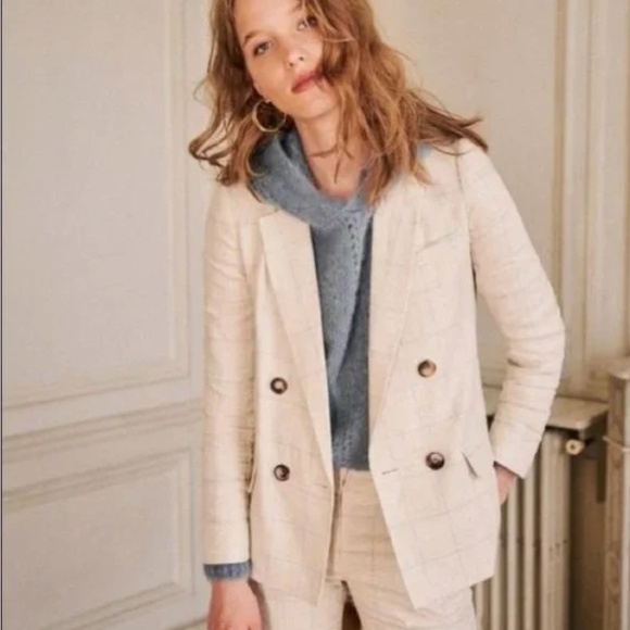 Sezane Christie Beige Plaid Linen blazer